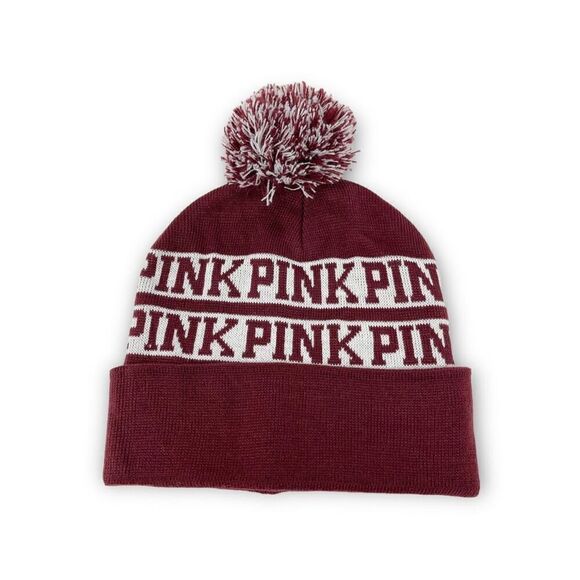 Victoria’s Secret Pink PINK Maroon Cream Pom Beanie Hat Acrylic OSFM Cold Winter - Picture 1 of 7